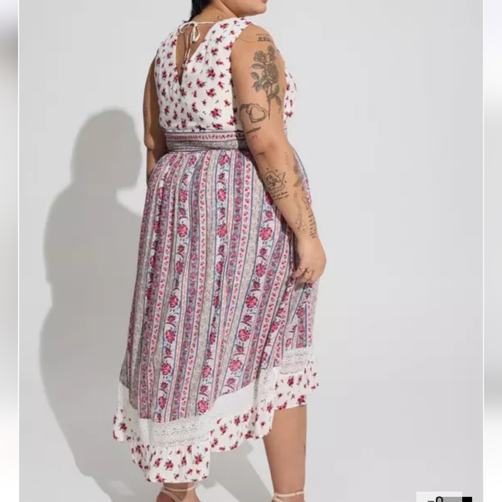 Torrid Maxi Gauze Lace Inset Hi Low Dress - Picture 2 of 4